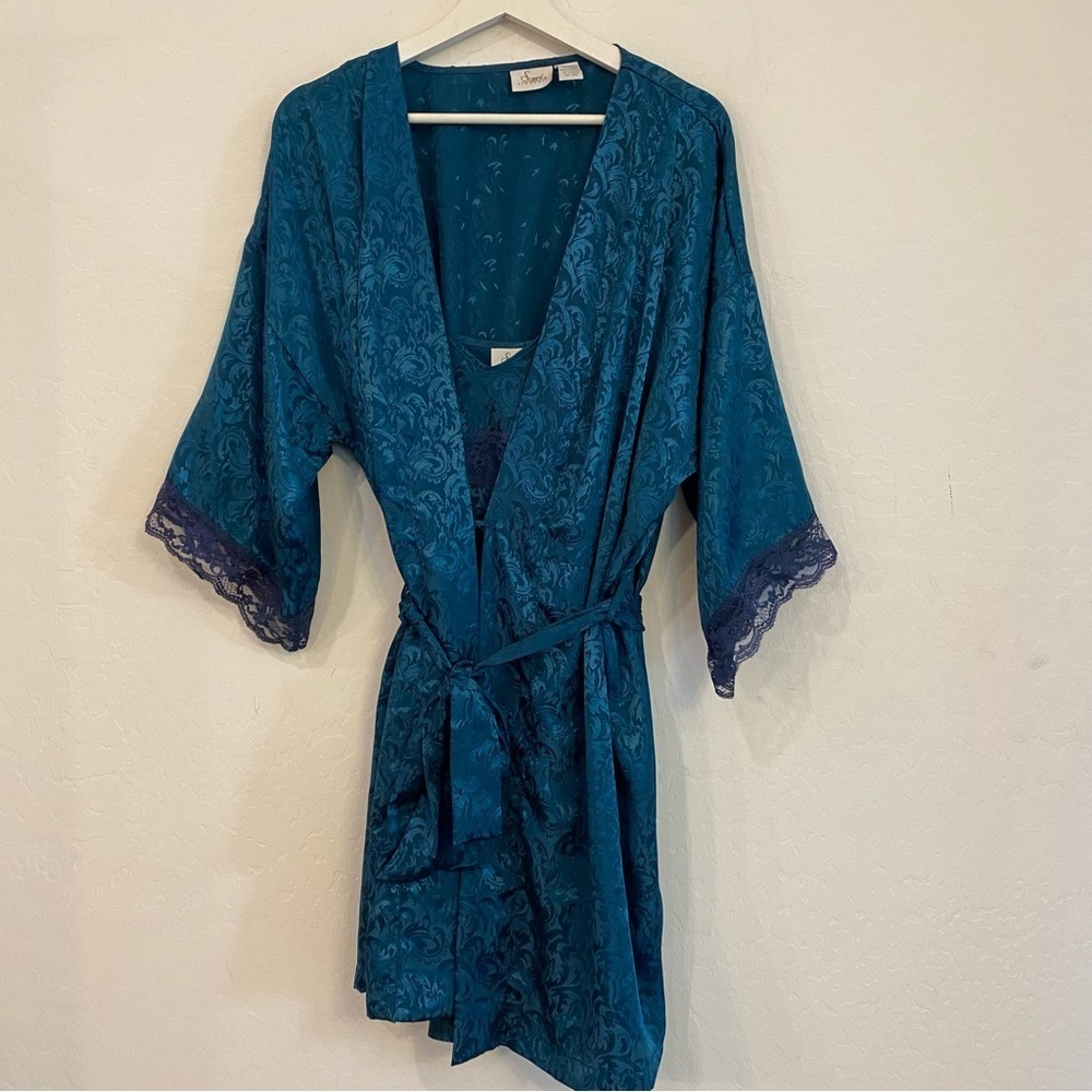 Vintage Teal Slip Dress And Robe Set Size Large